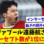 【新たな称号】リヴァプール遠藤航さん、プレミアでインターセプト数1位になってしまうwww【2ch反応】【サッカースレ】