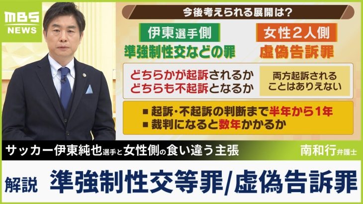 サッカー伊東純也選手側が主張する「虚偽告訴罪」と、女性側が主張する『準強制性交等など』の食い違い　南和行弁護士が解説「なぜ告訴合戦のようになっているのか」【MBSニュース解説】（2024年2月2日）