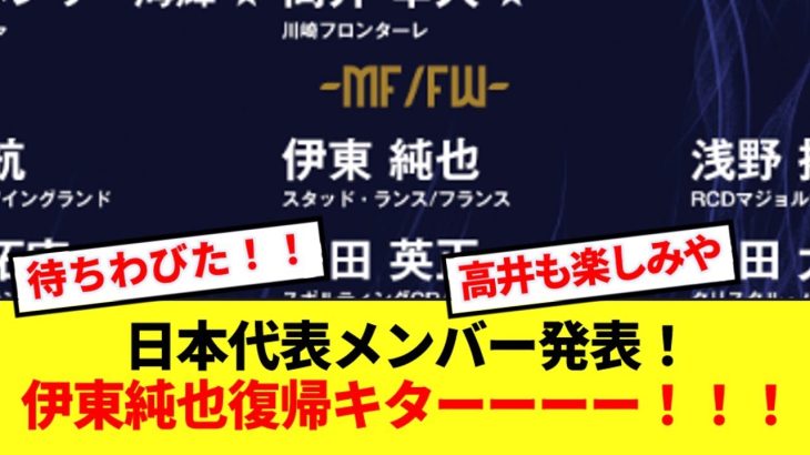 【速報】日本代表メンバー発表！伊東純也復帰にパリ世代高井や町田組が招集！！！