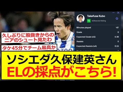 【EL】ソシエダ久保建英さん、アンデルレヒト戦の採点がこちら！